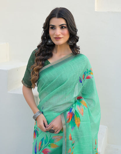 Turquoise Linen Printed Saree