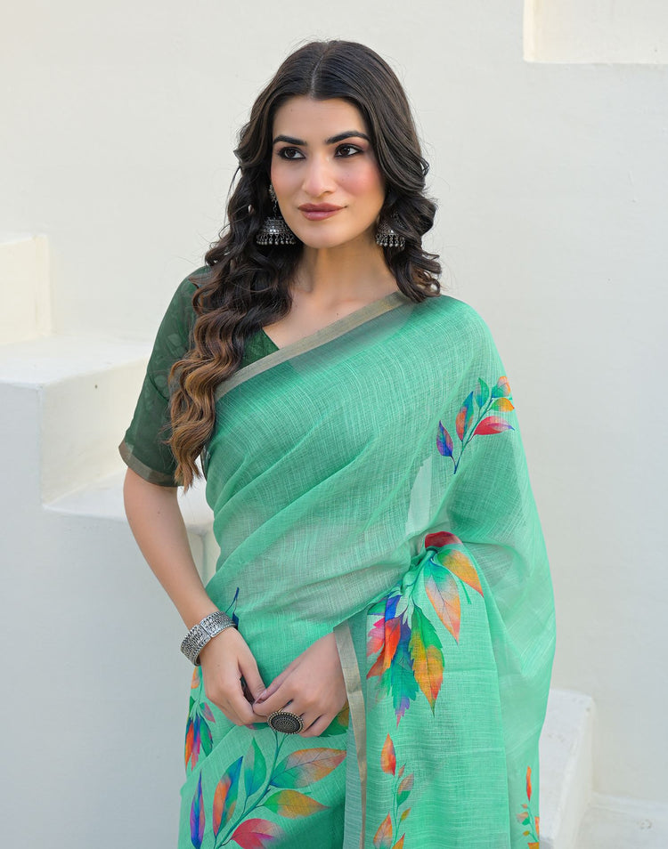 Turquoise Linen Printed Saree