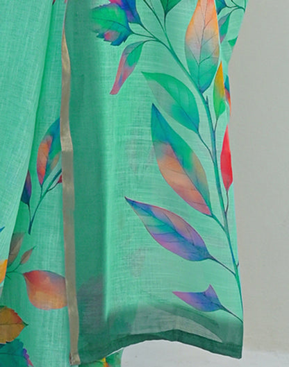 Turquoise Linen Printed Saree