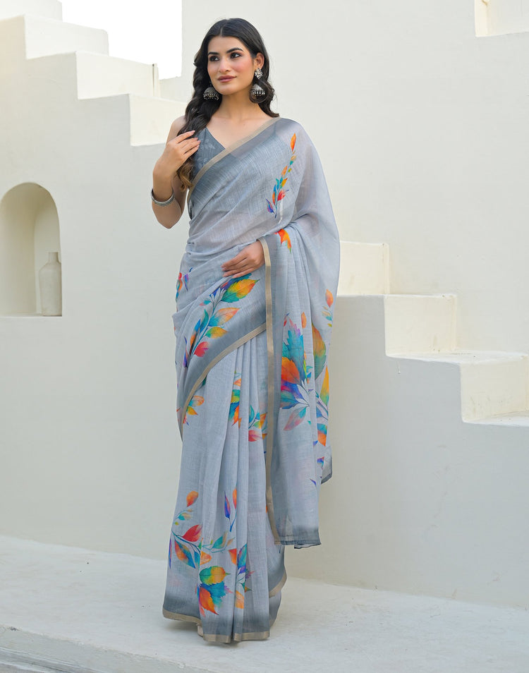 Light Blue Linen Printed Saree