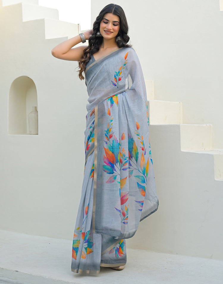 Light Blue Linen Printed Saree