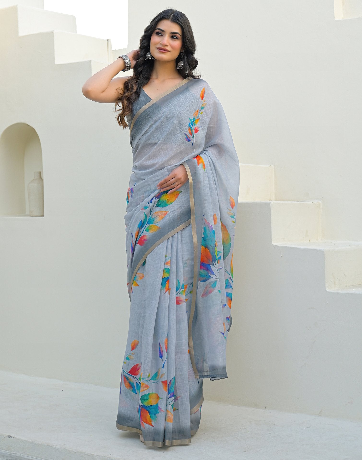 Light Blue Linen Printed Saree