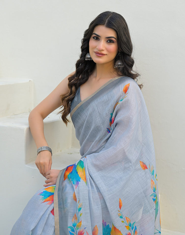 Light Blue Linen Printed Saree