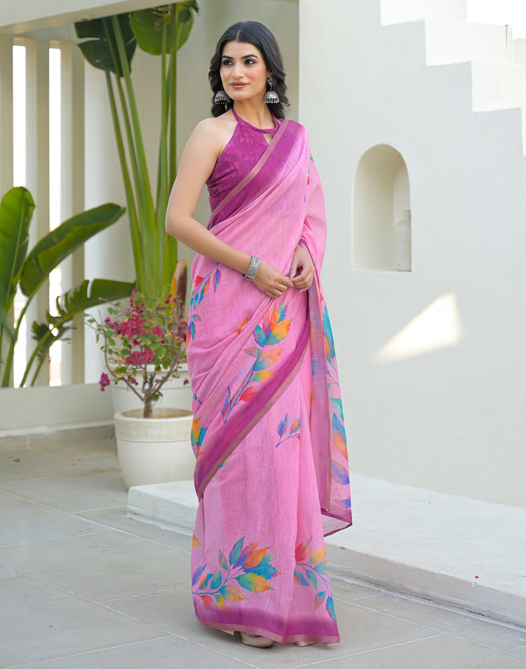 Light Pink Linen Printed Saree