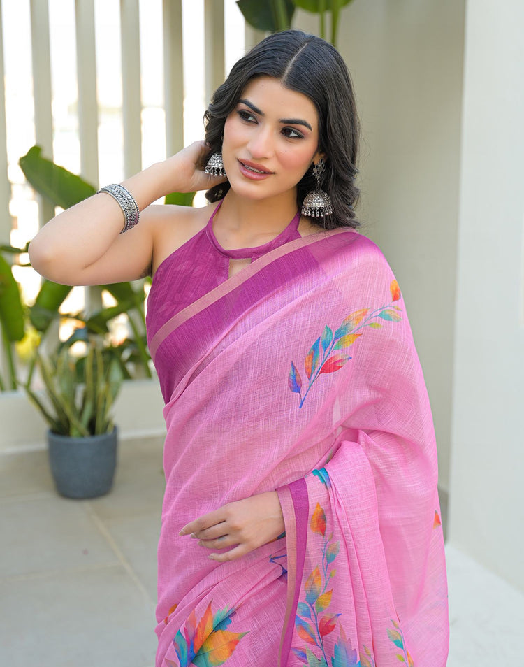 Light Pink Linen Printed Saree