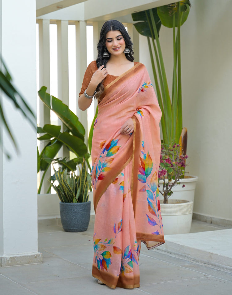Peach Linen Printed Saree
