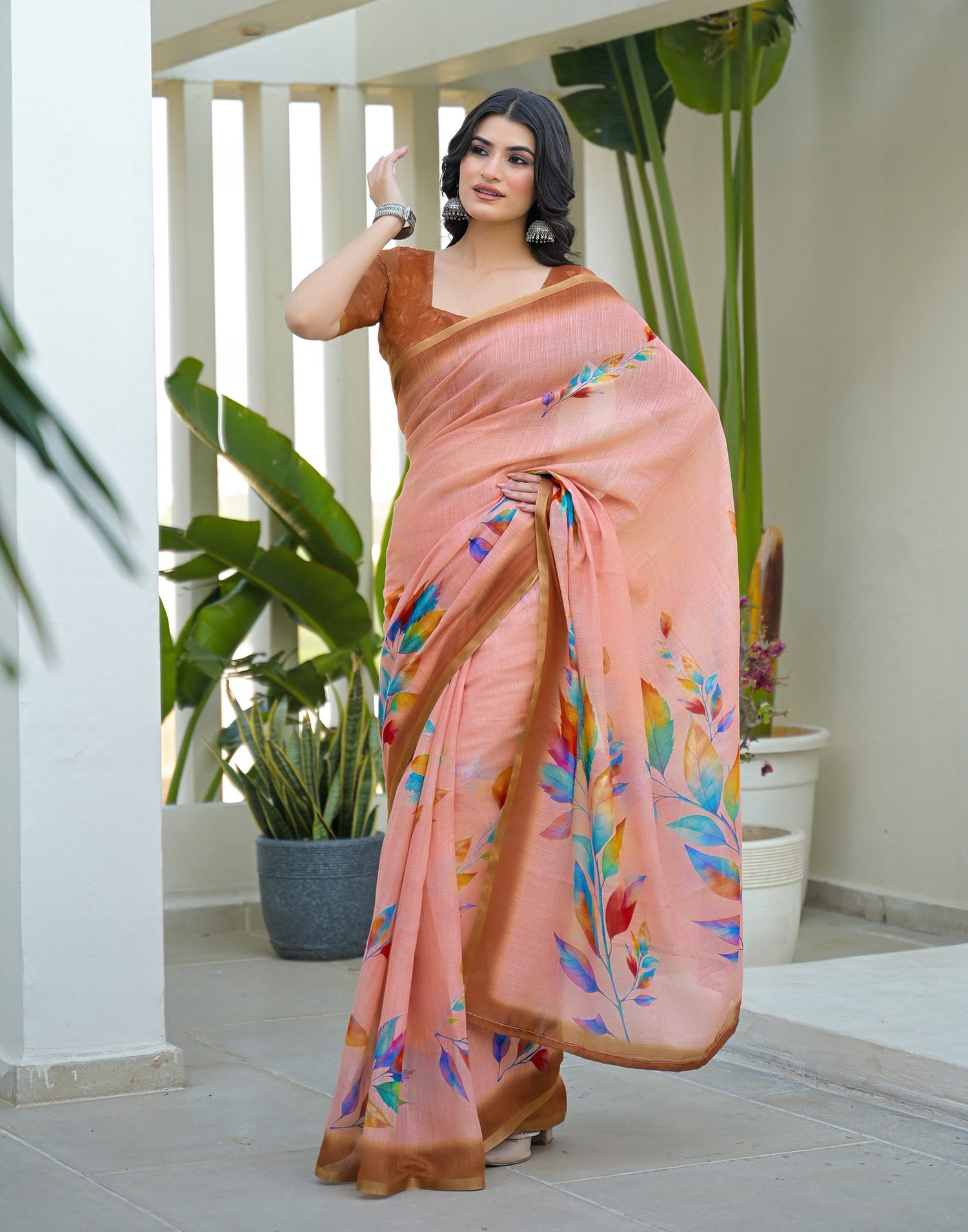 Peach Linen Printed Saree
