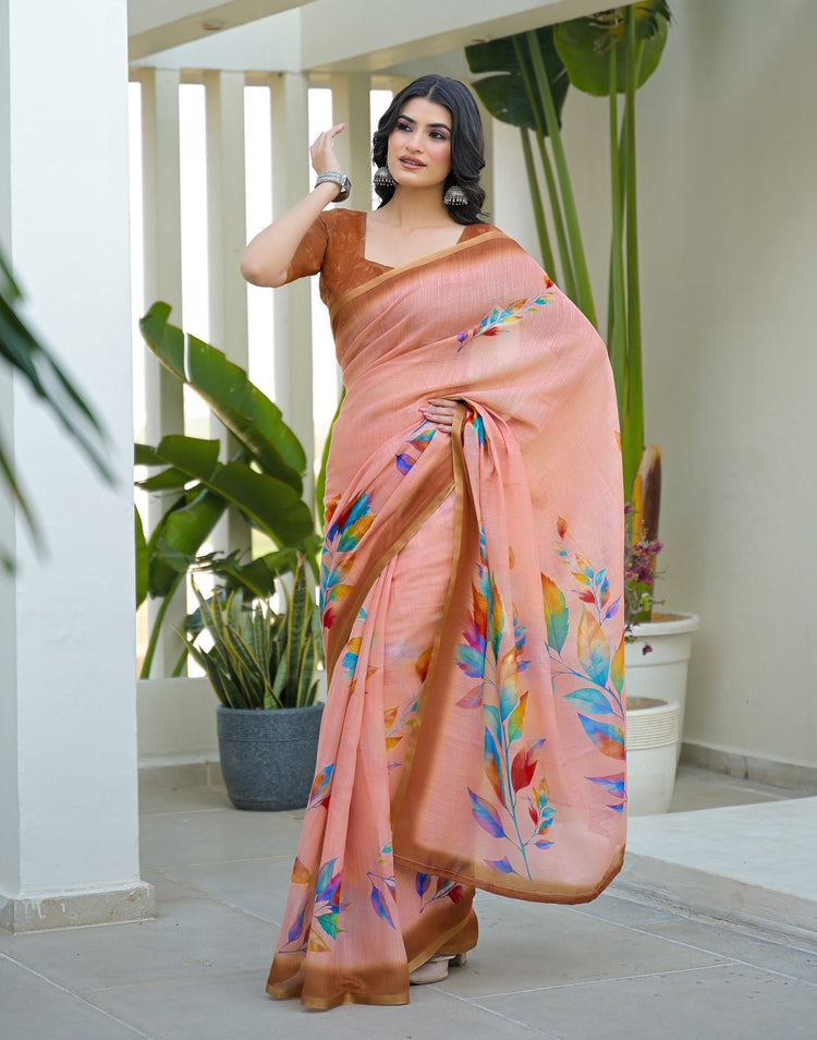 Peach Linen Printed Saree