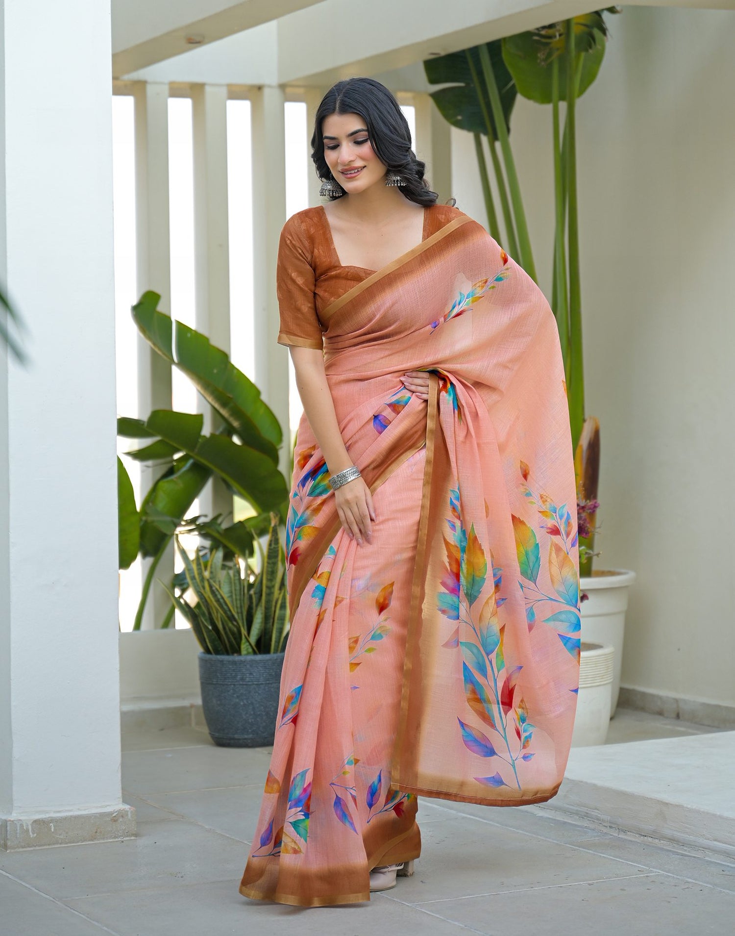 Peach Linen Printed Saree