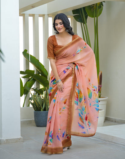 Peach Linen Printed Saree