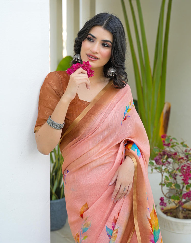 Peach Linen Printed Saree
