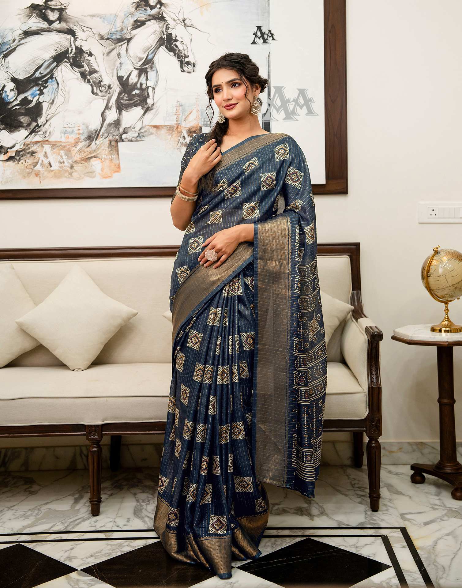 Navy Blue Silk Bandhani Printed Zari Stripe Saree 