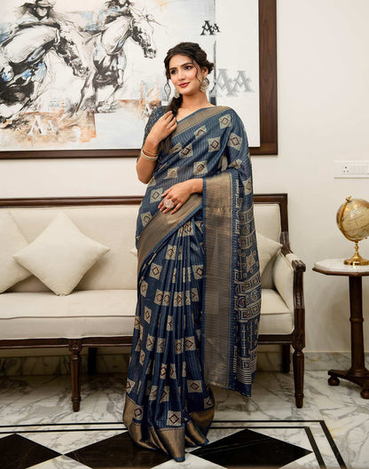 Navy Blue Silk Bandhani Printed Zari Stripe Saree 