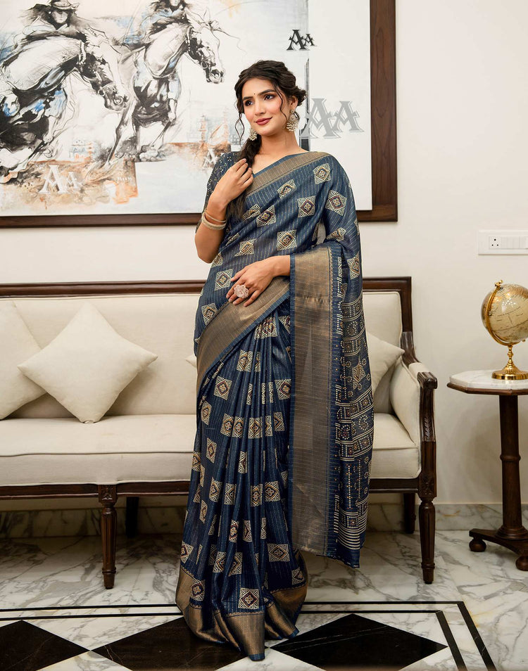Navy Blue Silk Bandhani Printed Zari Stripe Saree 