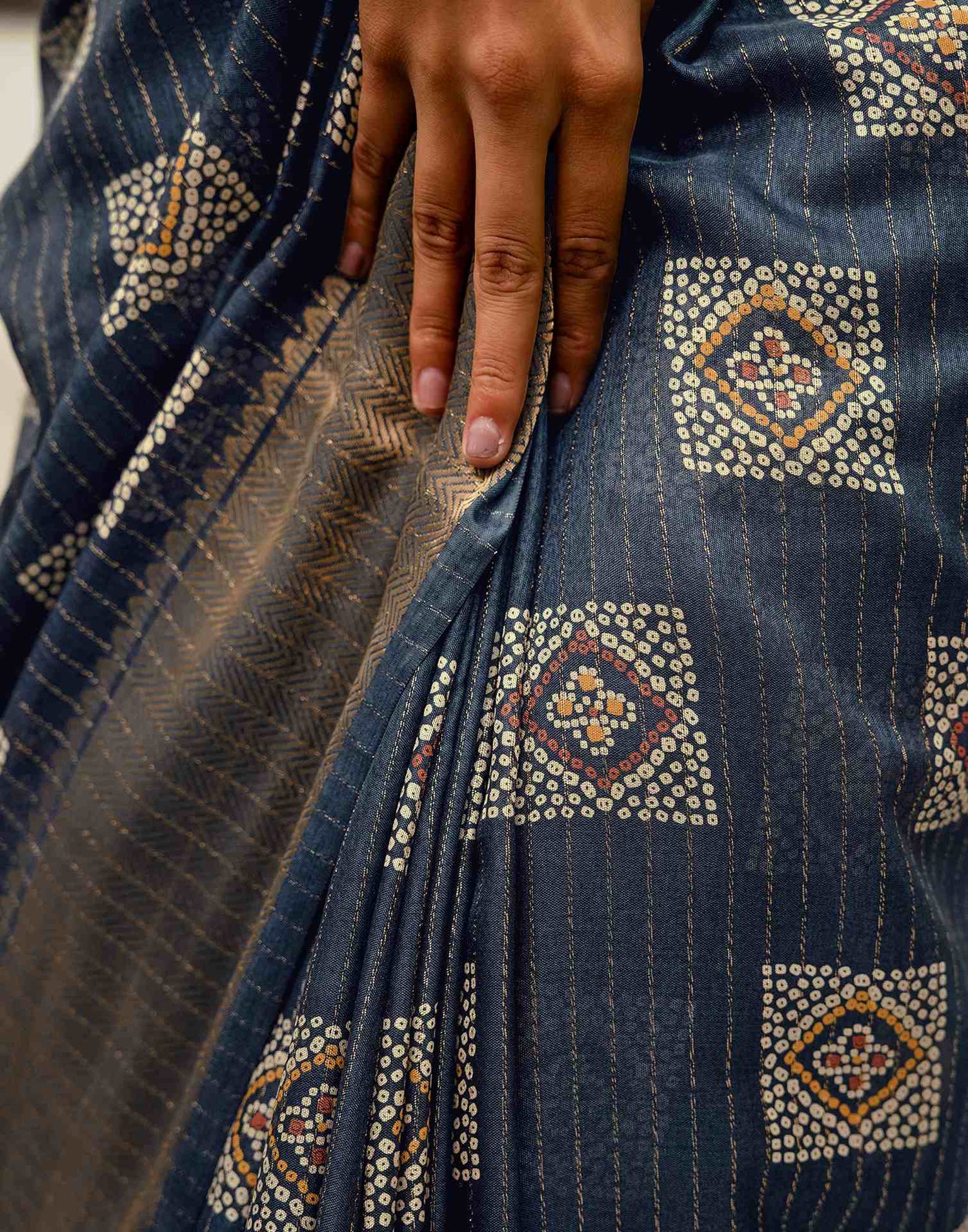 Navy Blue Silk Bandhani Printed Zari Stripe Saree 