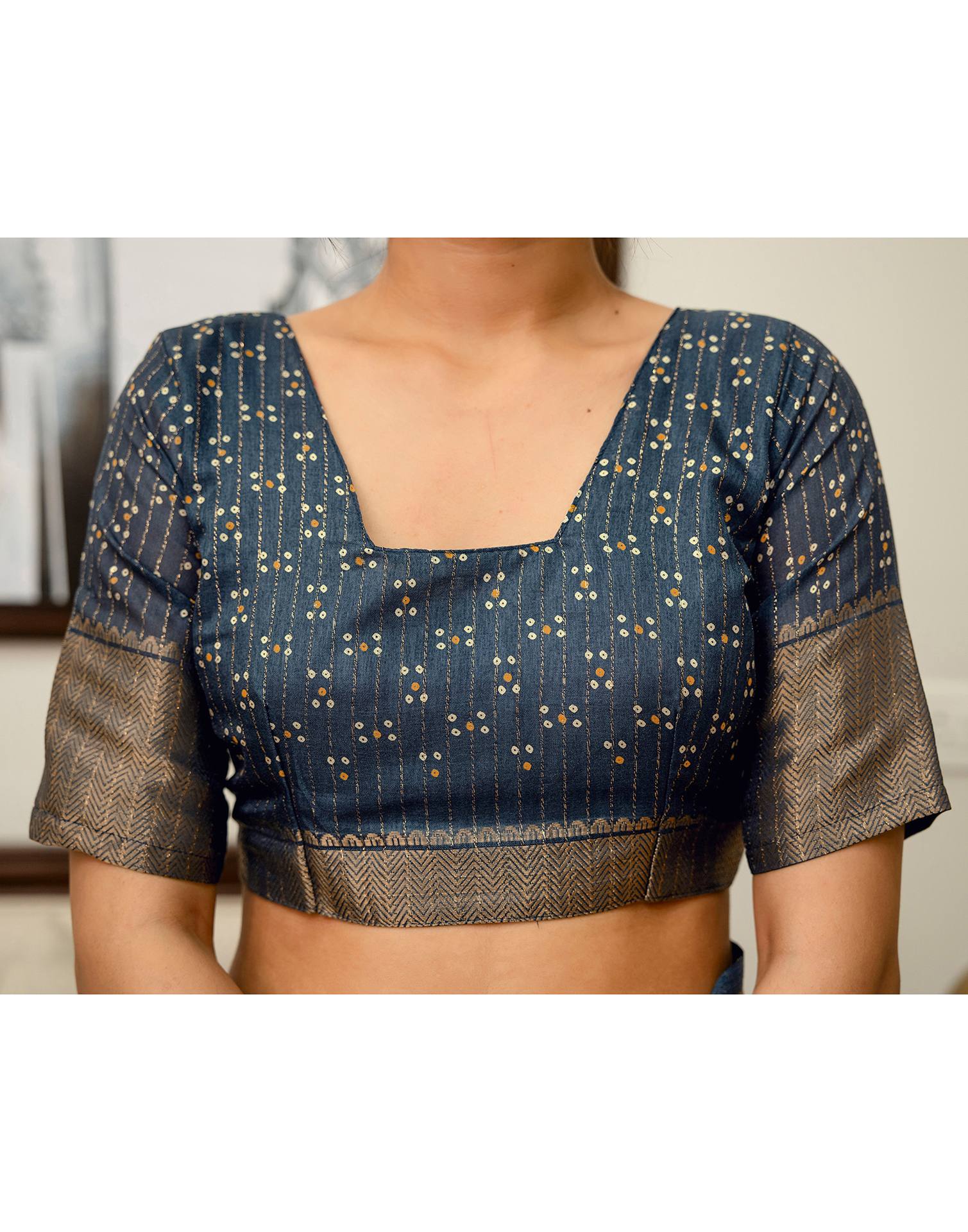 Navy Blue Silk Bandhani Printed Zari Stripe Saree 