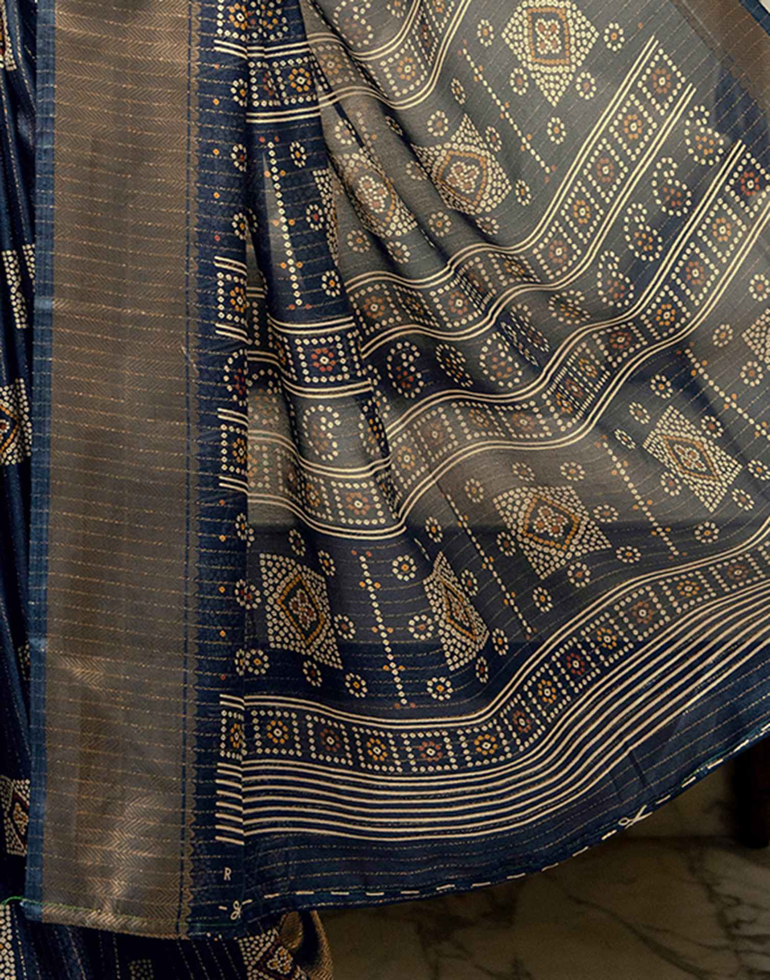 Navy Blue Silk Bandhani Printed Zari Stripe Saree 