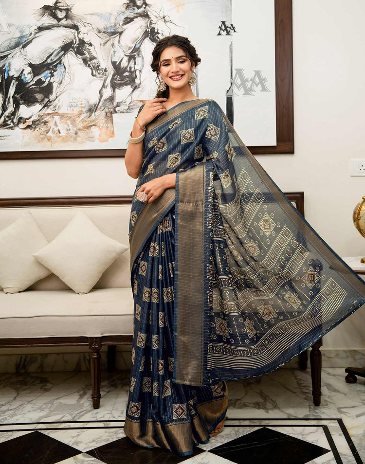 Navy Blue Silk Bandhani Printed Zari Stripe Saree 
