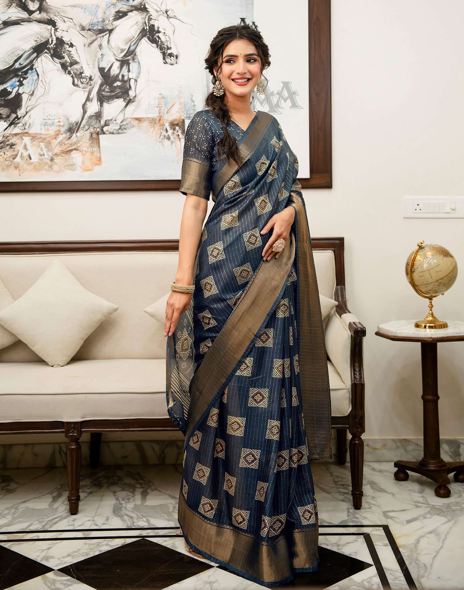 Navy Blue Silk Bandhani Printed Zari Stripe Saree 