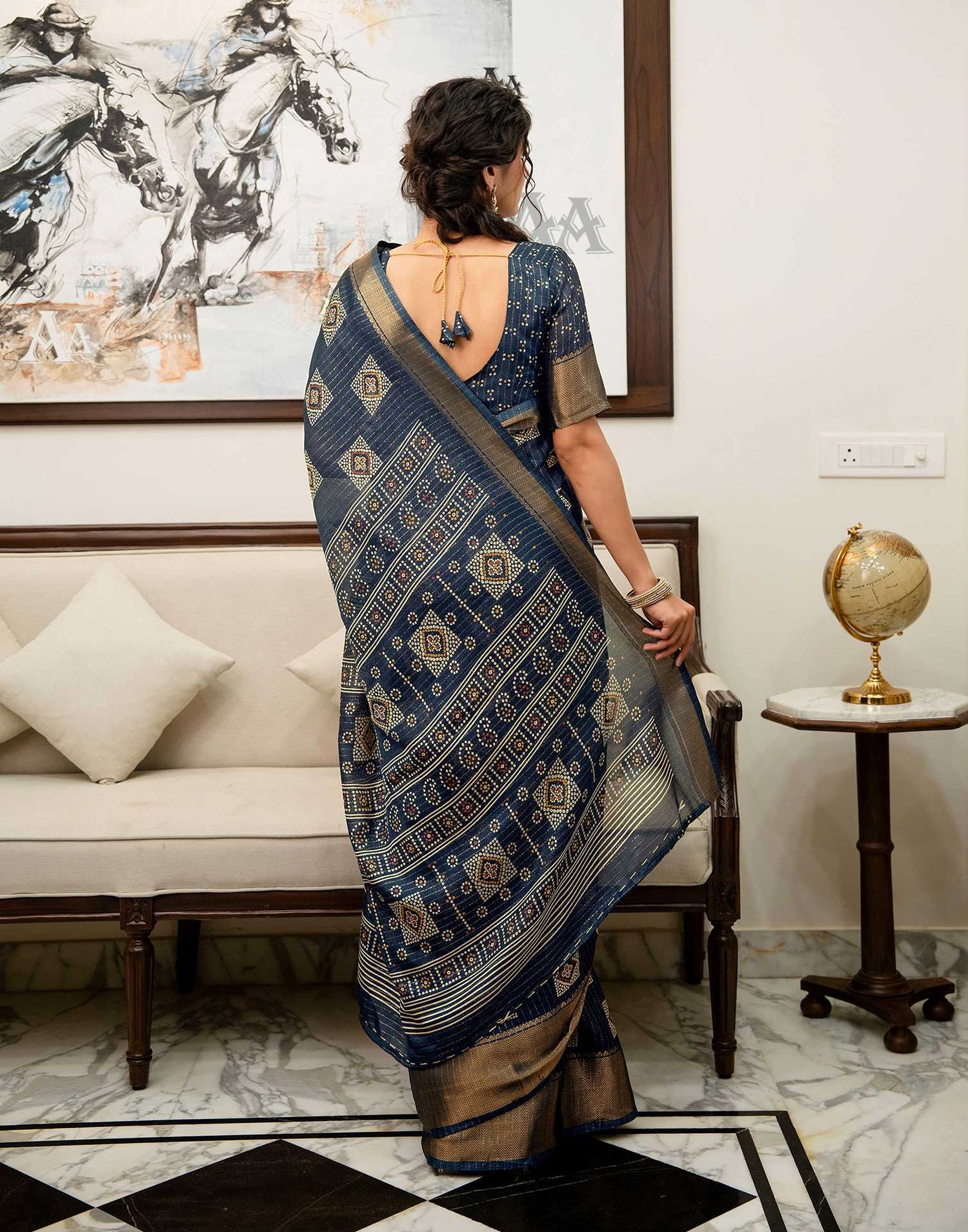 Navy Blue Silk Bandhani Printed Zari Stripe Saree 