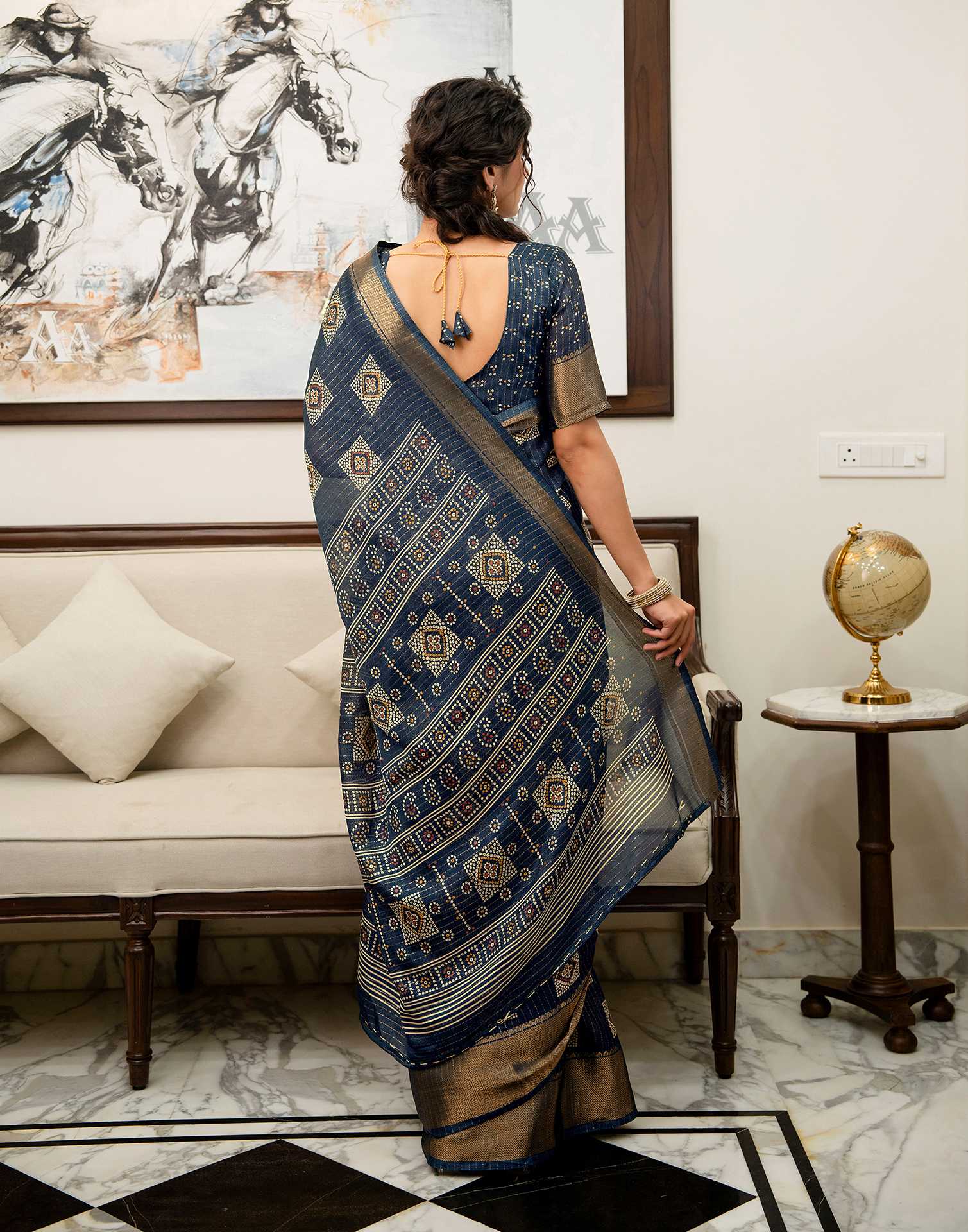 Navy Blue Silk Bandhani Printed Zari Stripe Saree 