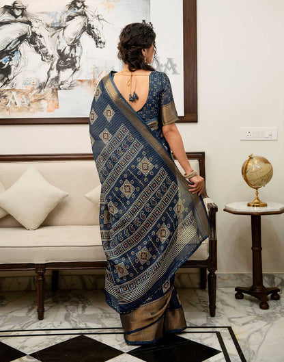 Navy Blue Silk Bandhani Printed Zari Stripe Saree 