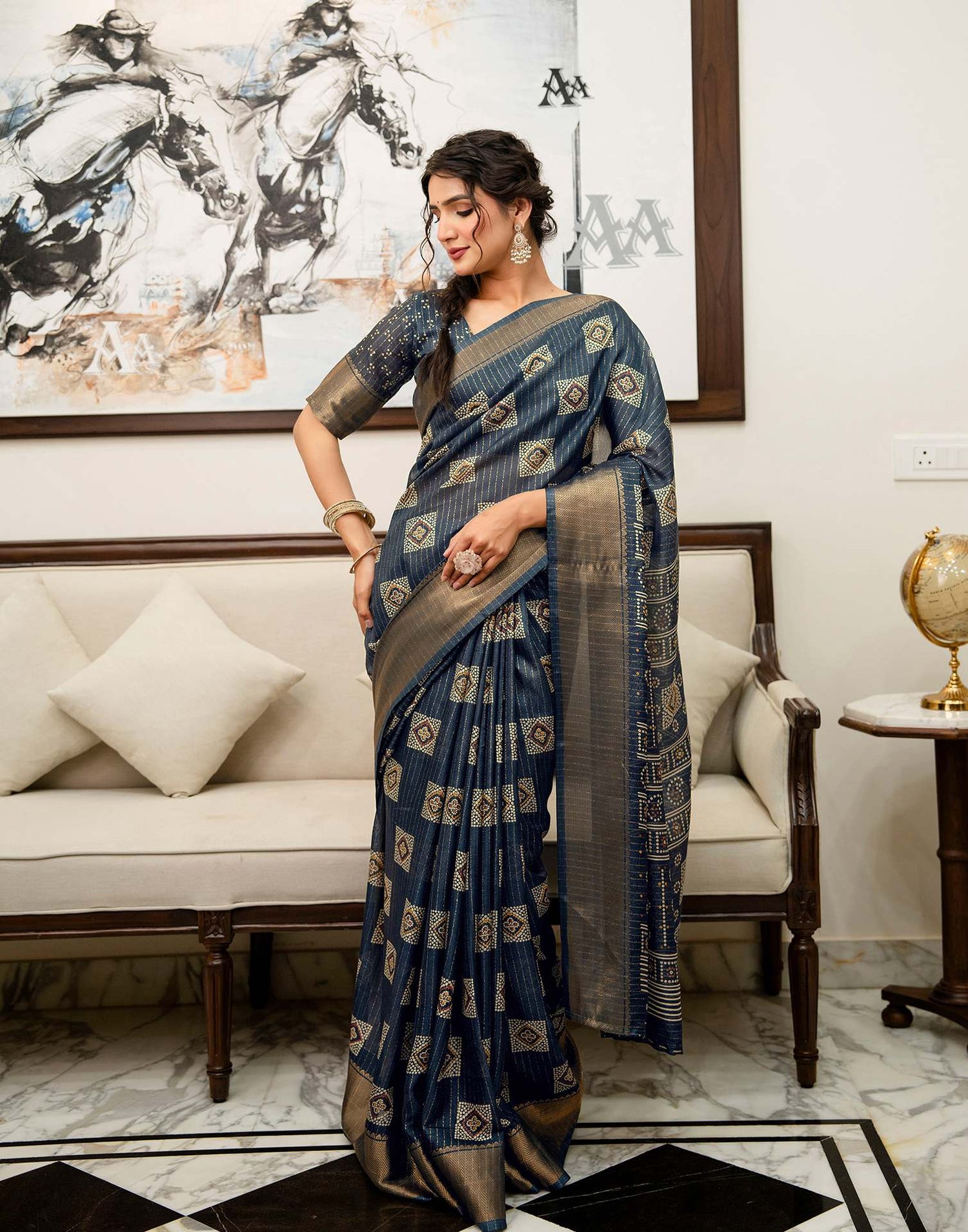 Navy Blue Silk Bandhani Printed Zari Stripe Saree 