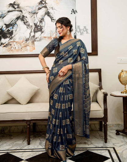 Navy Blue Silk Bandhani Printed Zari Stripe Saree 