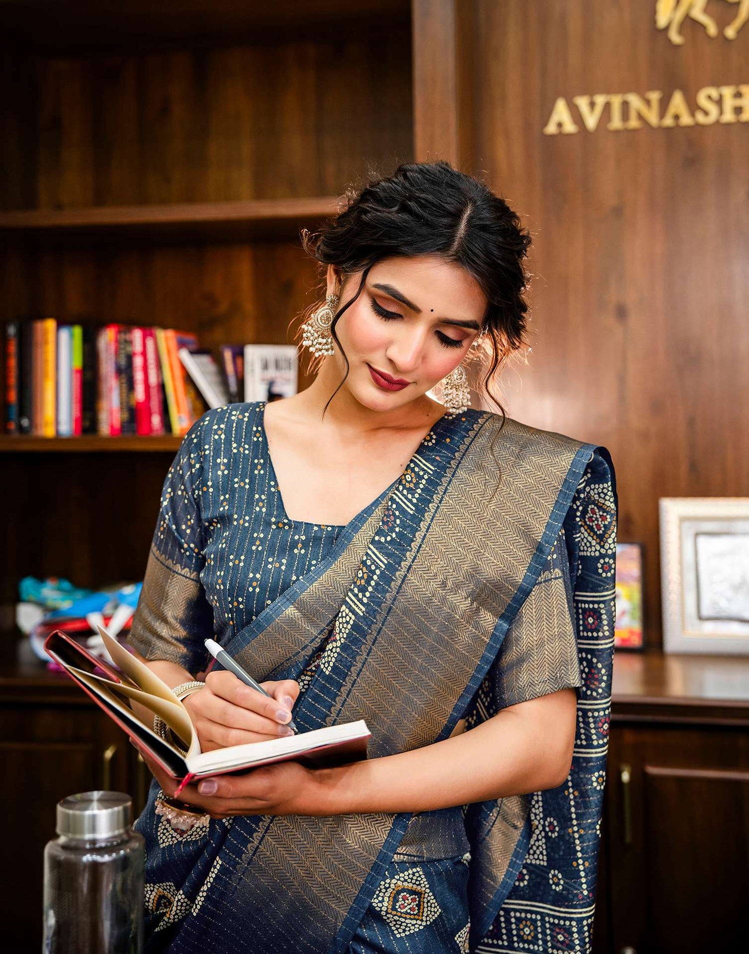 Navy Blue Silk Bandhani Printed Zari Stripe Saree 