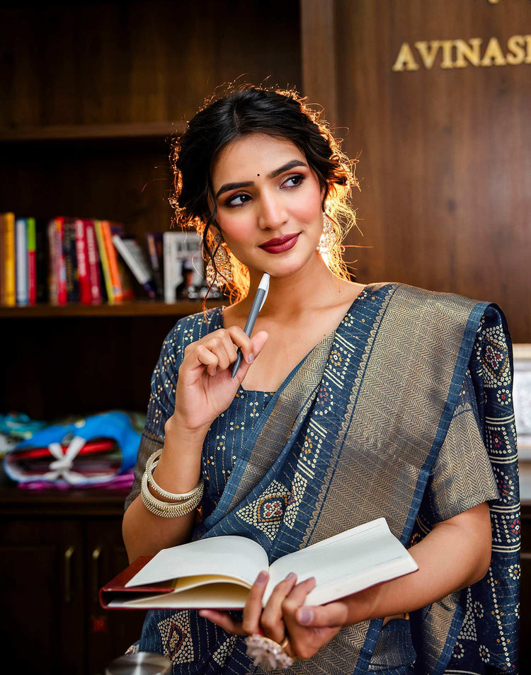 Navy Blue Silk Bandhani Printed Zari Stripe Saree 