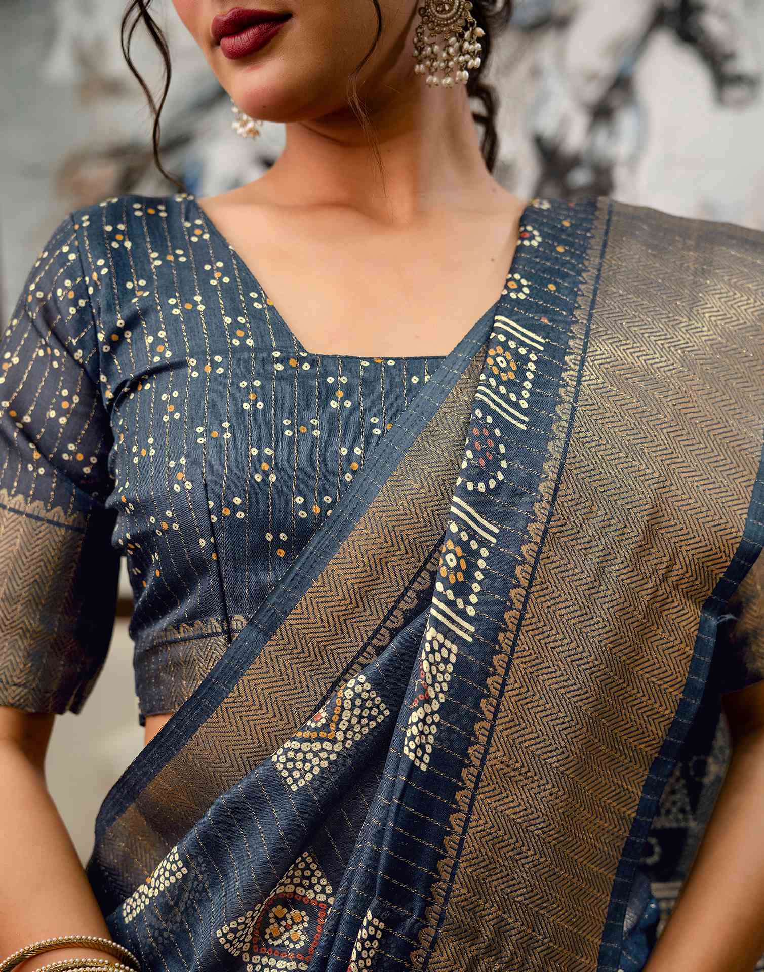 Navy Blue Silk Bandhani Printed Zari Stripe Saree 