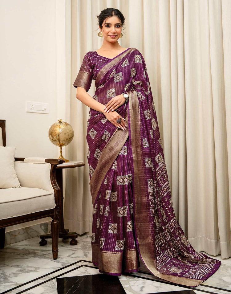Dark Magenta Silk Bandhani Printed Zari Stripe Saree 