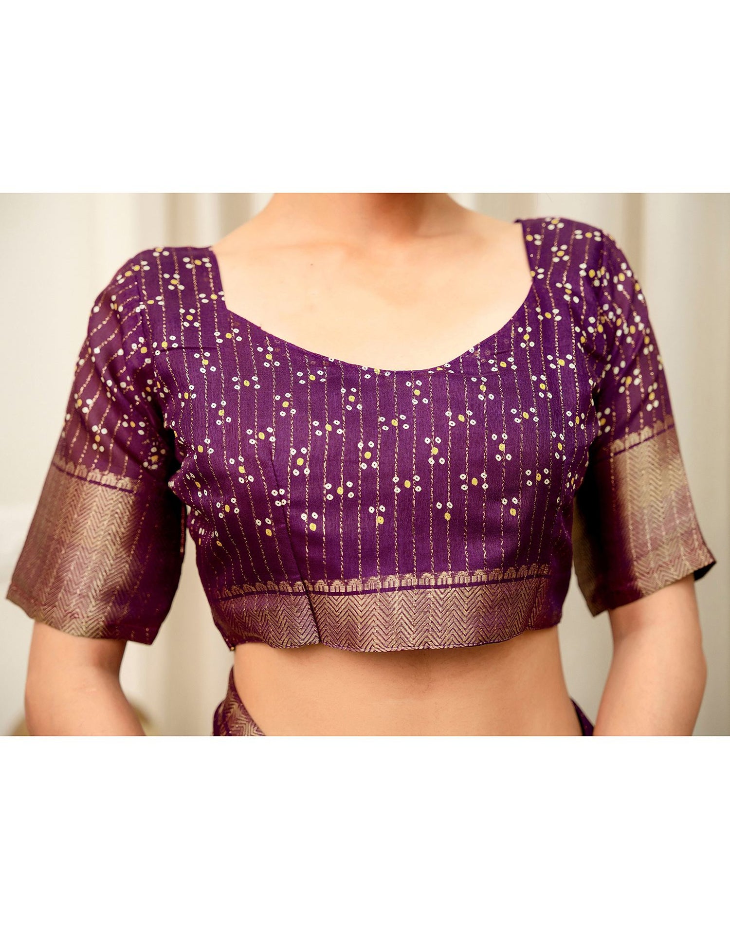 Dark Magenta Silk Bandhani Printed Zari Stripe Saree 