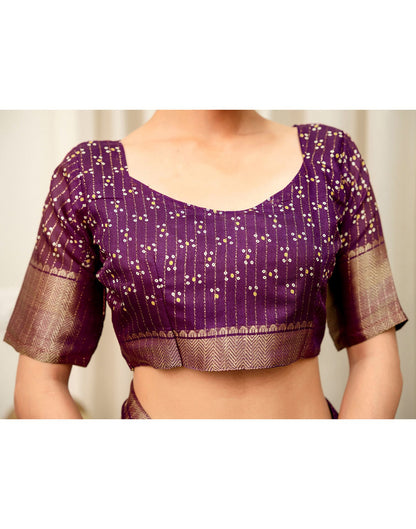 Dark Magenta Silk Bandhani Printed Zari Stripe Saree 