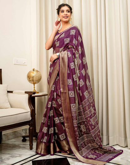 Dark Magenta Silk Bandhani Printed Zari Stripe Saree 