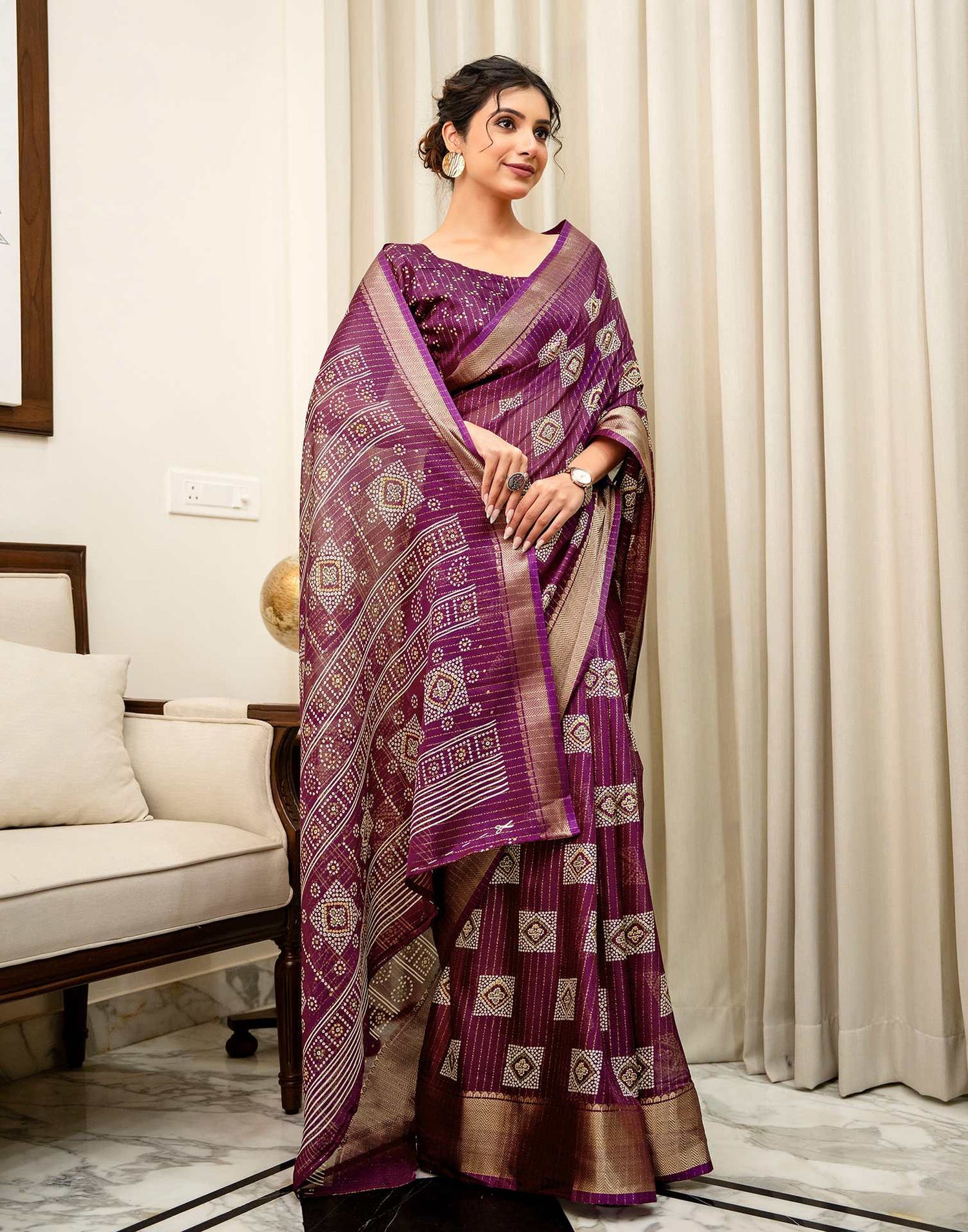 Dark Magenta Silk Bandhani Printed Zari Stripe Saree 