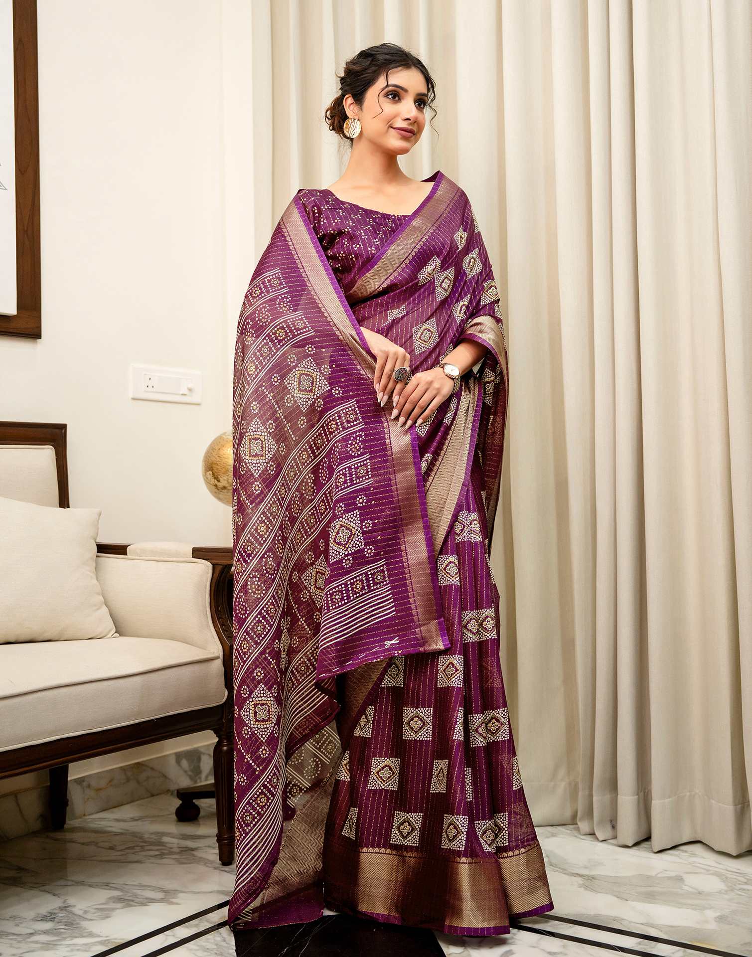 Dark Magenta Silk Bandhani Printed Zari Stripe Saree 