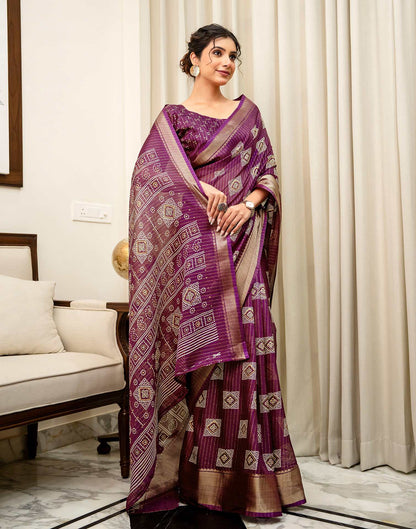 Dark Magenta Silk Bandhani Printed Zari Stripe Saree 