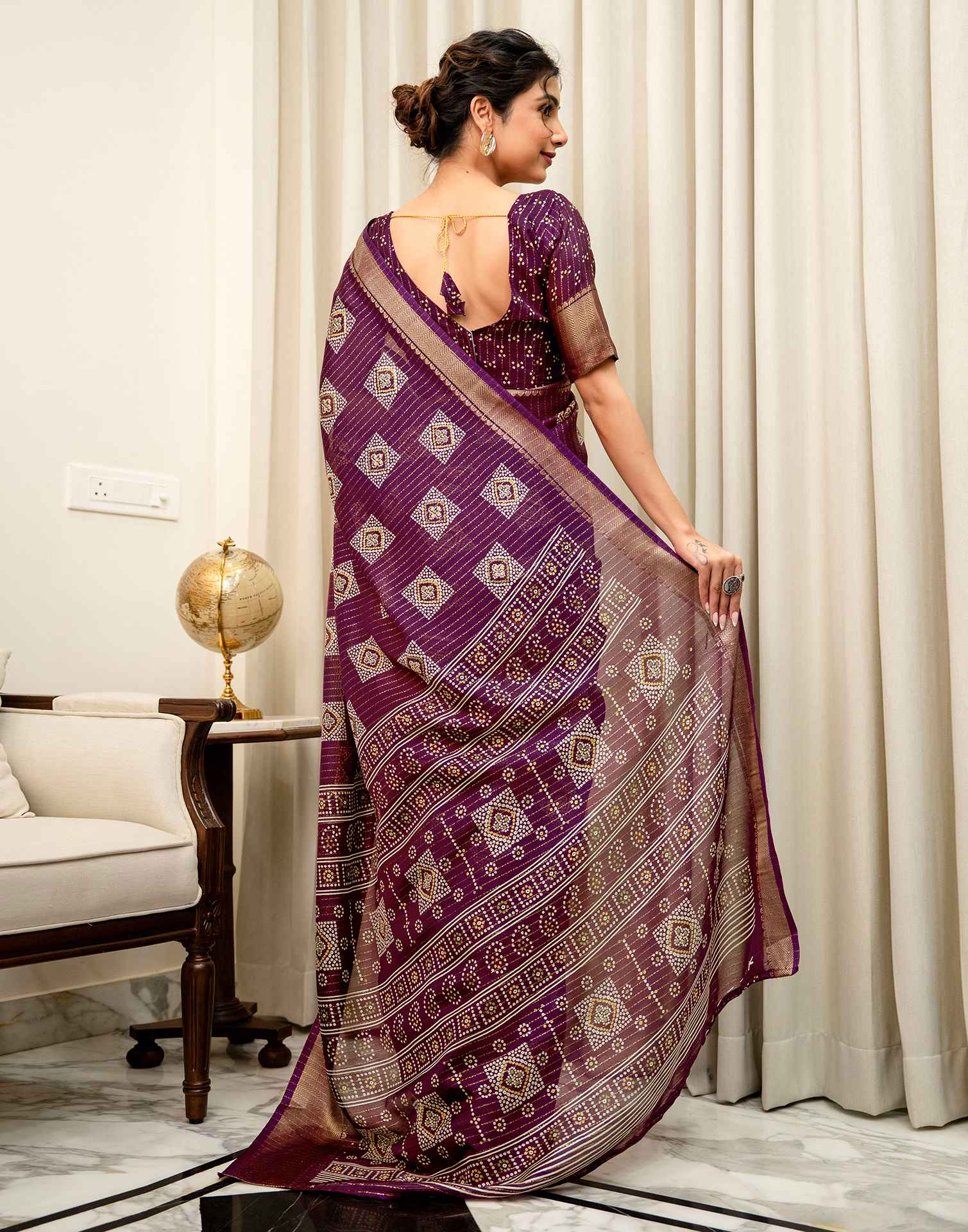 Dark Magenta Silk Bandhani Printed Zari Stripe Saree 