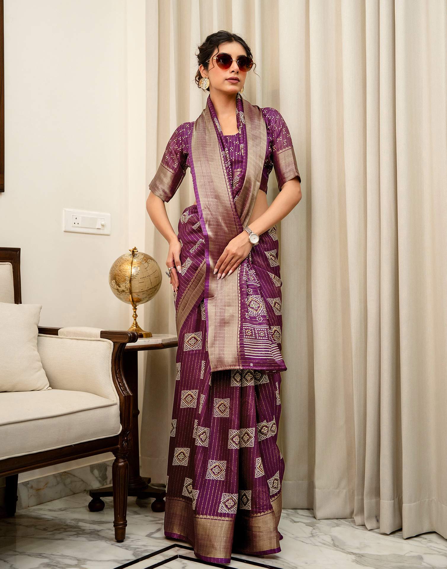 Dark Magenta Silk Bandhani Printed Zari Stripe Saree 