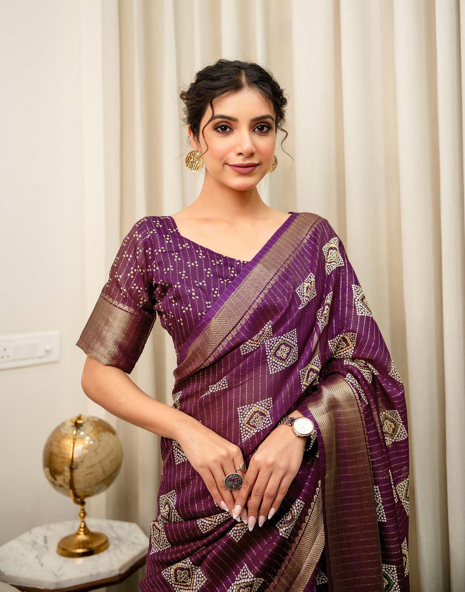 Dark Magenta Silk Bandhani Printed Zari Stripe Saree 