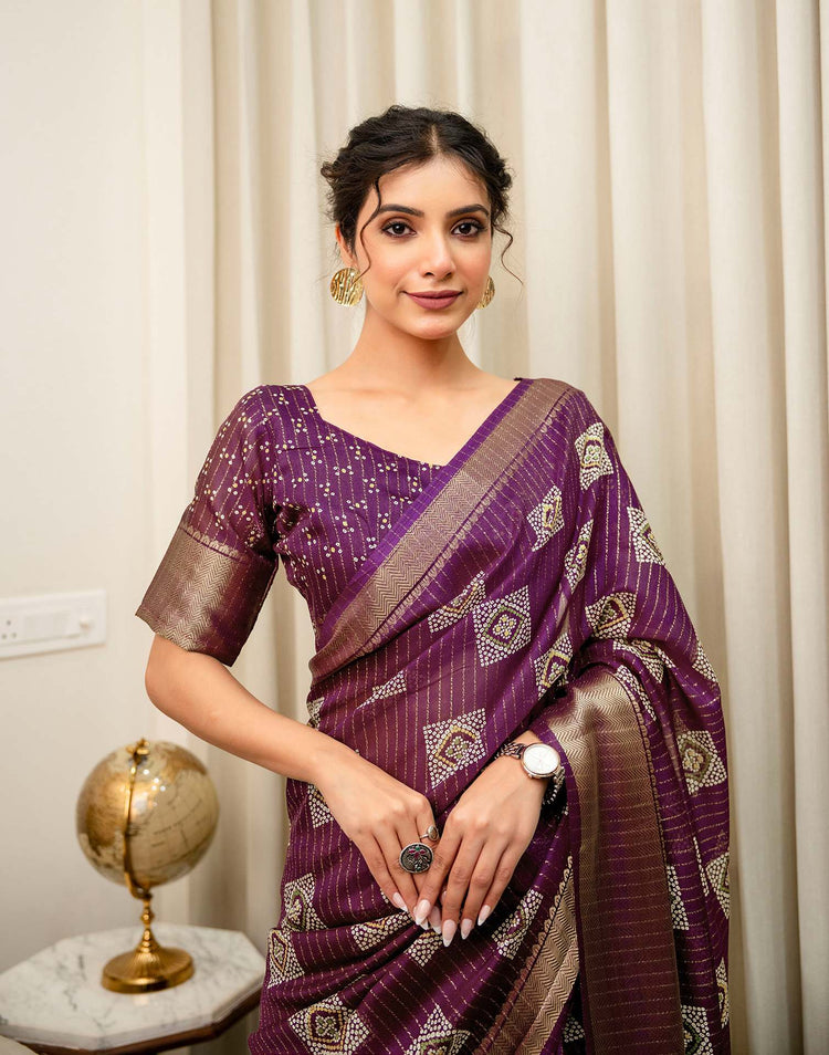 Dark Magenta Silk Bandhani Printed Zari Stripe Saree 