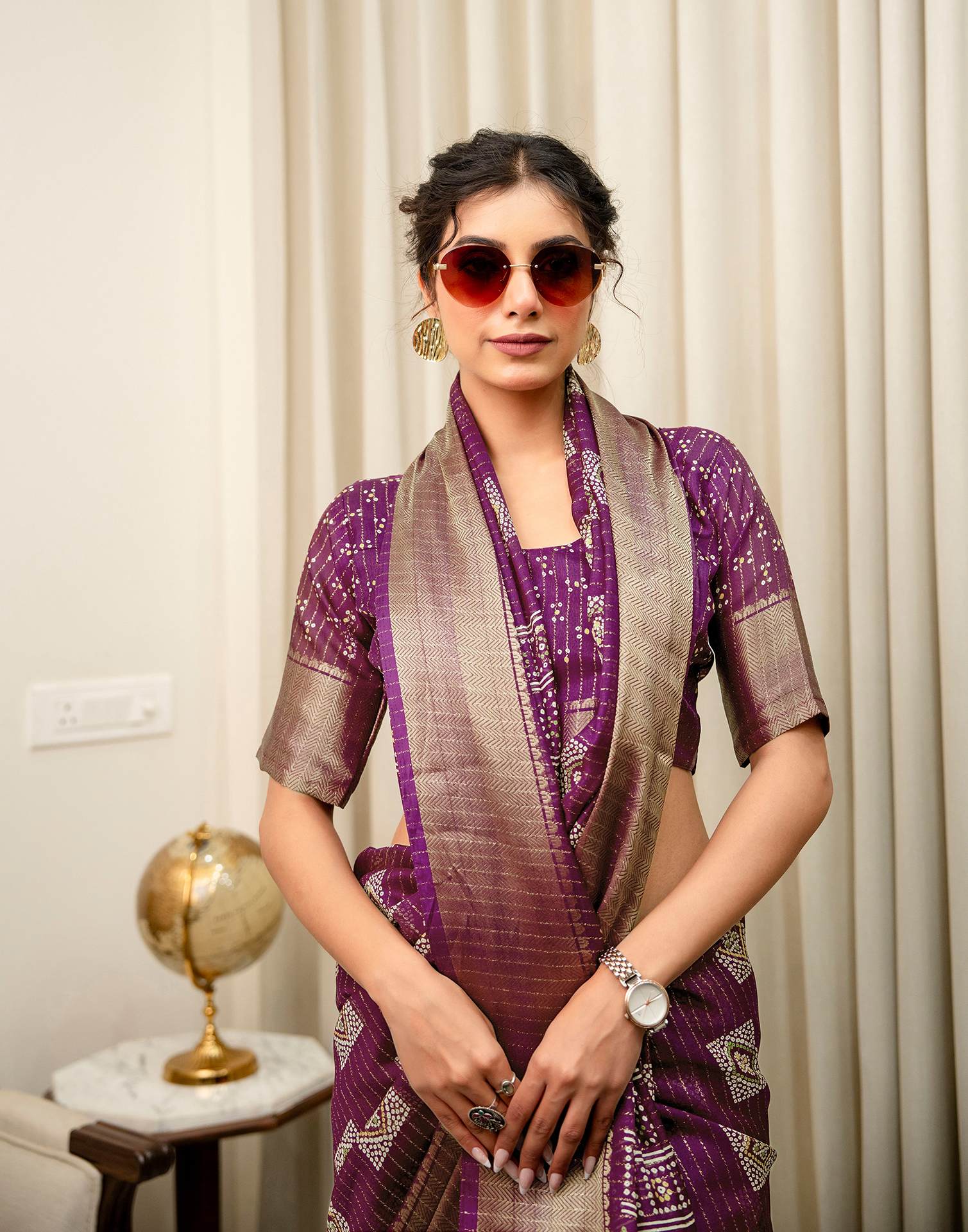 Dark Magenta Silk Bandhani Printed Zari Stripe Saree 