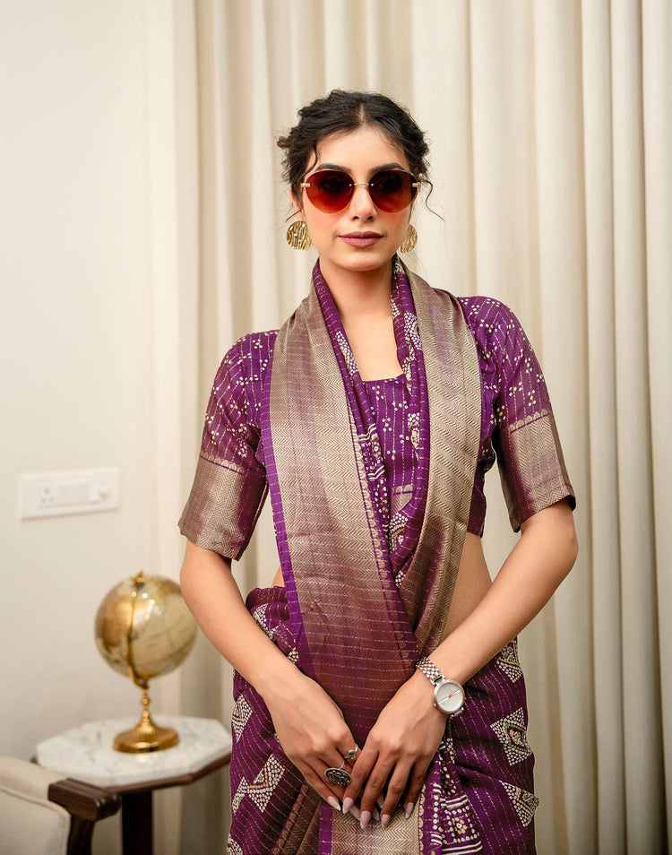 Dark Magenta Silk Bandhani Printed Zari Stripe Saree 