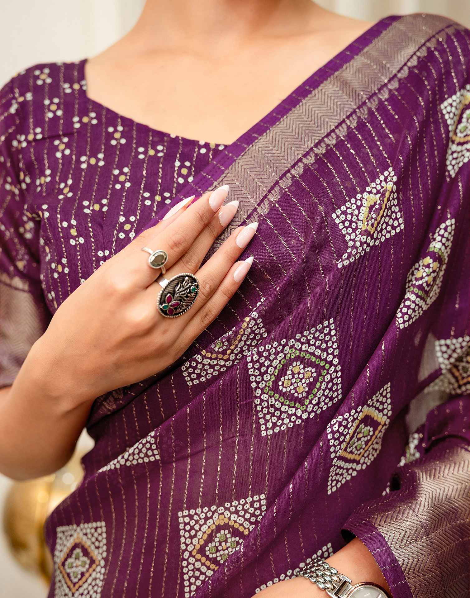 Dark Magenta Silk Bandhani Printed Zari Stripe Saree 