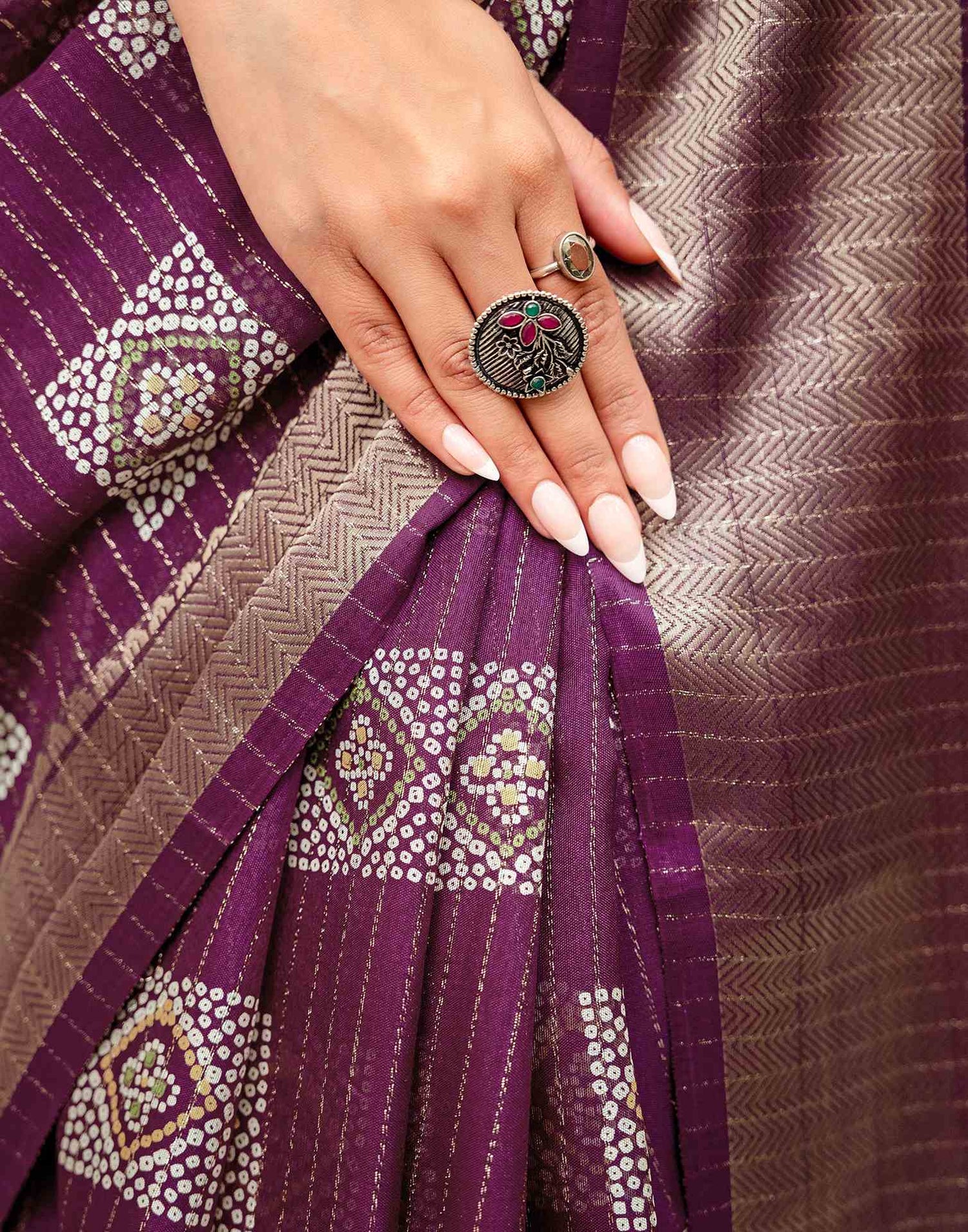 Dark Magenta Silk Bandhani Printed Zari Stripe Saree 