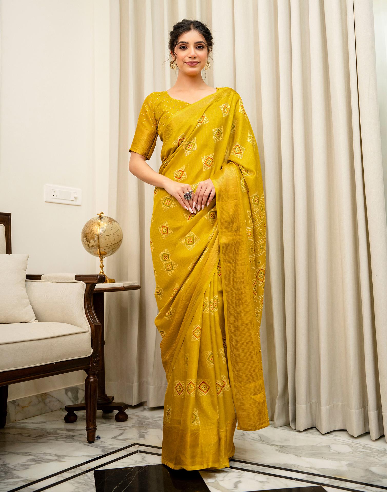 Yellow Silk Bandhani Printed Zari Stripe Saree 