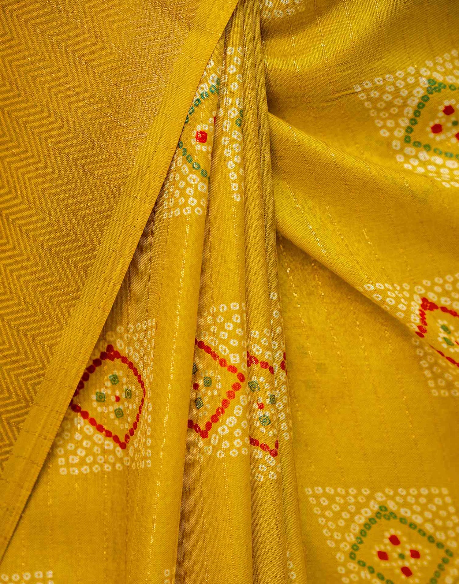 Yellow Silk Bandhani Printed Zari Stripe Saree 