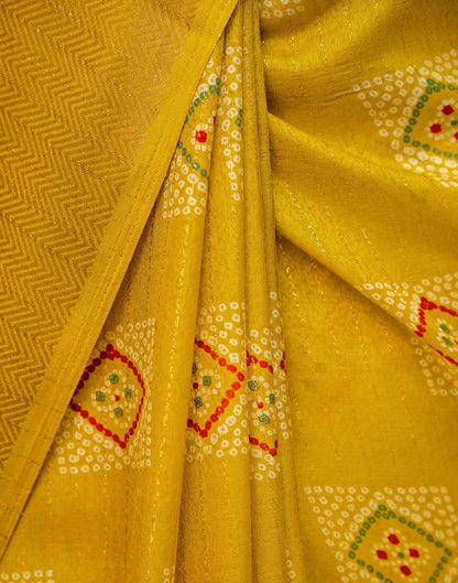 Yellow Silk Bandhani Printed Zari Stripe Saree 