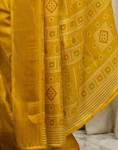 Yellow Silk Bandhani Printed Zari Stripe Saree 